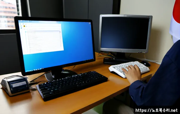작동 윈도우7 windows7 재설치 포맷  초기화 - Photorealistic IT support workstation in a compact apartment office, an older desktop computer showi...