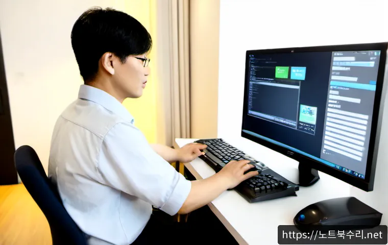 금오동 프리도스 윈도우설치 - Photorealistic remote-support workstation in a compact Geumodong apartment office, technician instal...
