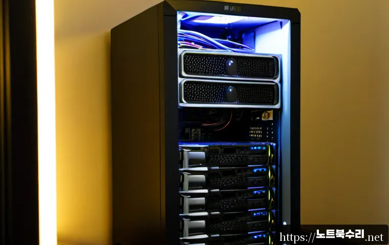 쌍문동 해놀로지 xpenology 구축 - Photorealistic compact home-office workstation in Ssangmun-dong, Seoul, assembling a custom NAS serv...