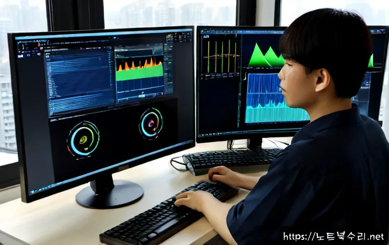 이패동 STATUS_KERNEL_THREAD_INTERRUPTED - Photorealistic IT support workstation in a quiet apartment office, ultrawide monitor showing an abst...