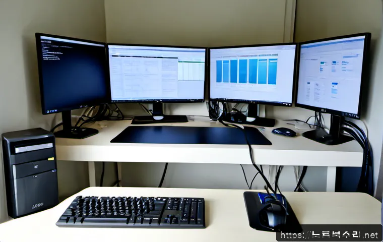 이동면 STATUS_RESOURCE_NOT_OWNED - Photorealistic IT support workstation in a quiet rural office near Idong-myeon, dual monitors showin...