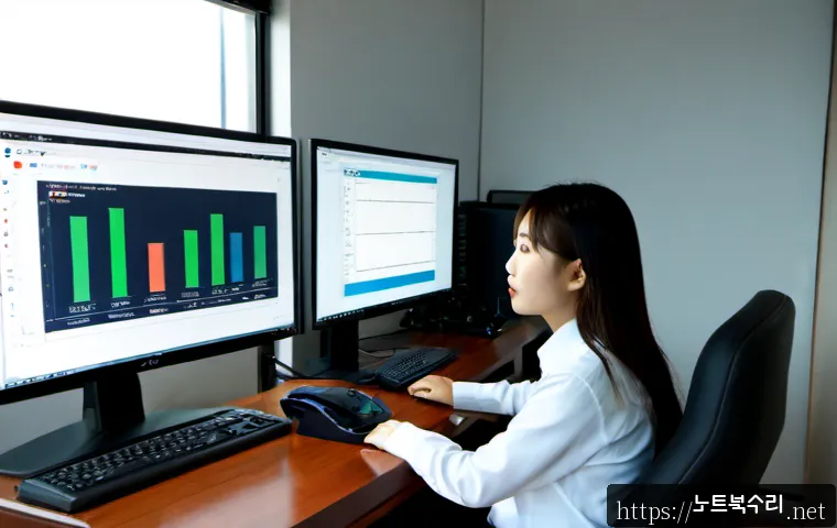소사본동 SOFTWARE_EXCEPTION - Photorealistic IT support workstation in a compact Sosa-bon-dong office, dual monitors showing abstr...