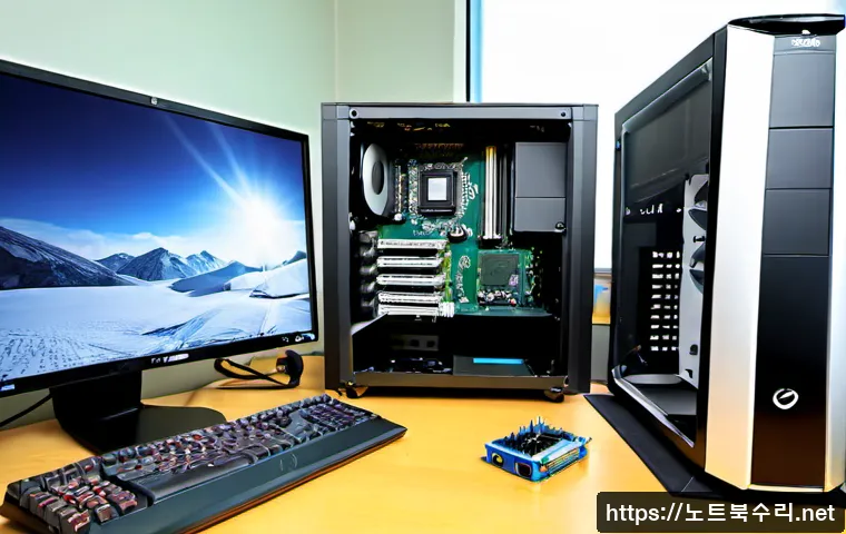 서원동 쿨러조립 및 교체수리 - Photorealistic PC repair workstation in a compact Seowon-dong apartment office, technician carefully...