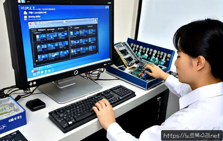 전곡읍 KERNEL_SECURITY_CHECK_FAILURE - Photorealistic computer repair workstation in a compact Korean riverside town office, desktop monito...