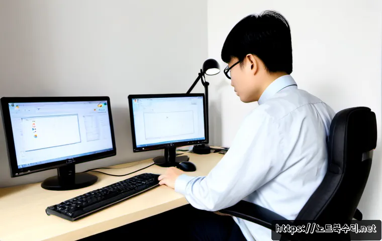 봉익동 STATUS_INVALID_OBJECT - Photorealistic remote-support workstation in a compact Seoul residential office, dual monitors showi...