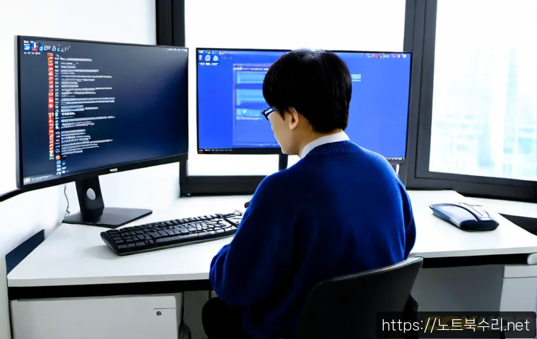 초일동 BAD_POOL_CALLER - Photorealistic IT support workstation in a compact Choil-dong office, ultrawide monitor showing a bl...