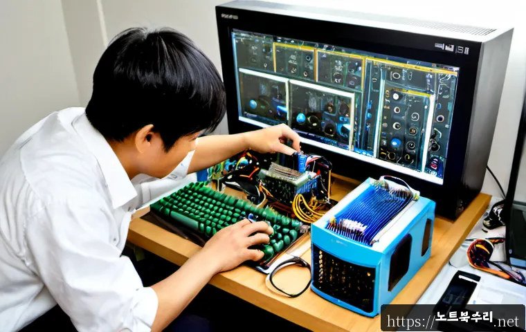 목감동 오버클럭 뚜따 - Photorealistic electronics workshop in a modern Mokgam-dong apartment office, technician carefully d...