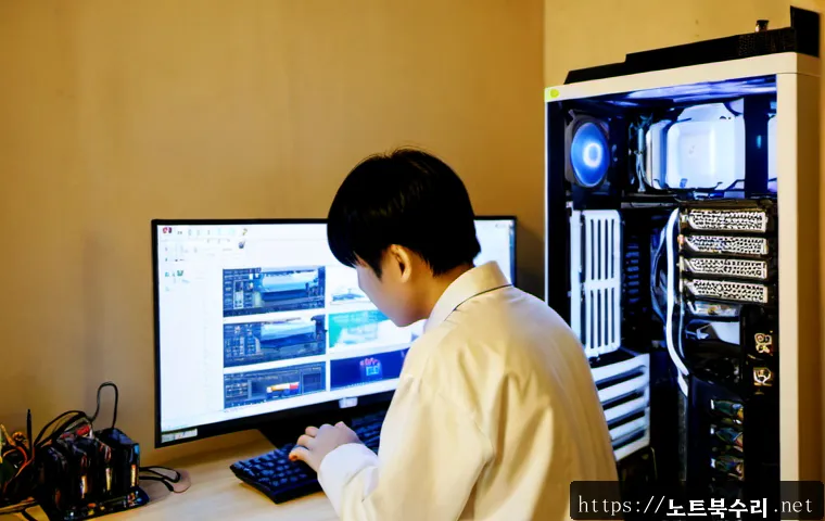 청구동 컴퓨터업그레이드 - Photorealistic computer upgrade workstation in a compact hillside apartment near Chunggudong, techni...
