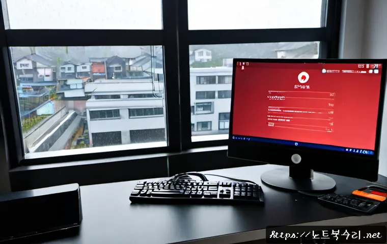장상동 STATUS_KERNEL_NETWORK_ERROR - Photorealistic remote IT support workstation in a modern Korean apartment office, dual monitors show...