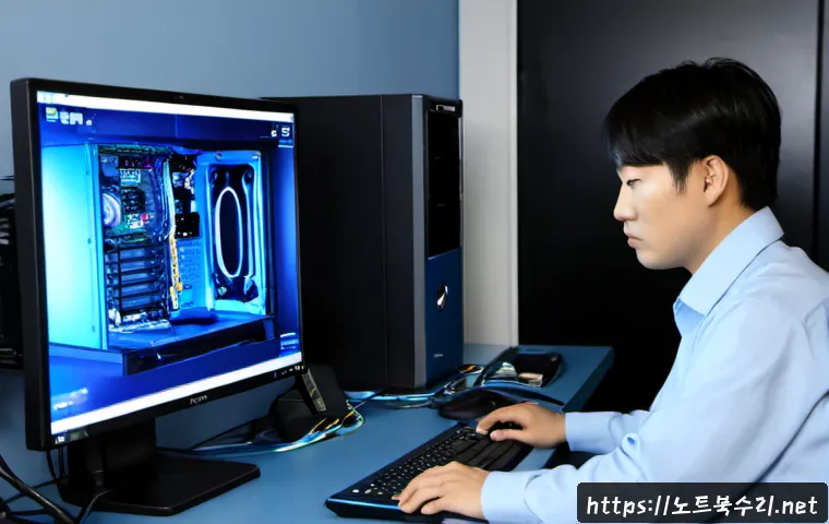 서둔동 FAT32_FILE_SYSTEM - Photorealistic IT support workstation in Seodun-dong, Suwon, a desktop monitor frozen on a solid blu...