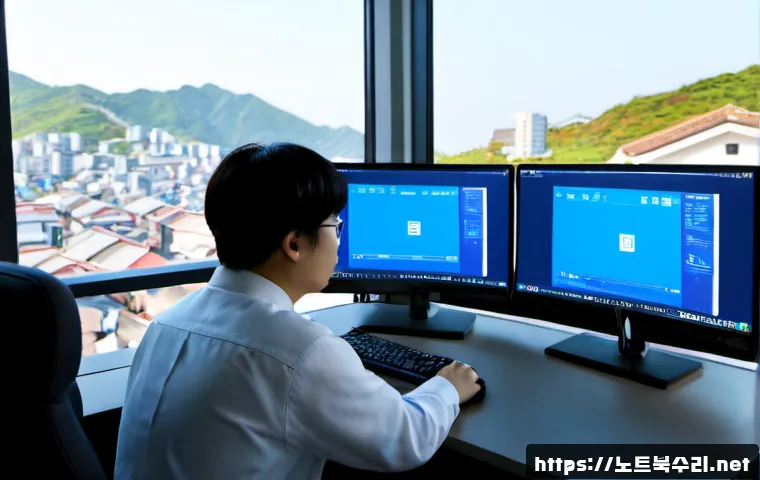 본동 STATUS_KERNEL_THREAD_FAILURE - Photorealistic IT support workstation in a compact hillside neighborhood office, dual monitors showi...