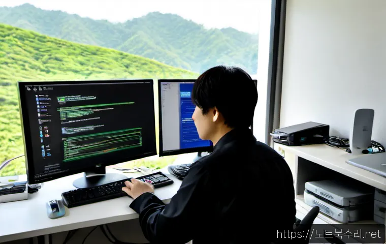 갈월동 공장초기화복구 - Photorealistic IT recovery workstation in a compact Seoul office, technician restoring a desktop com...