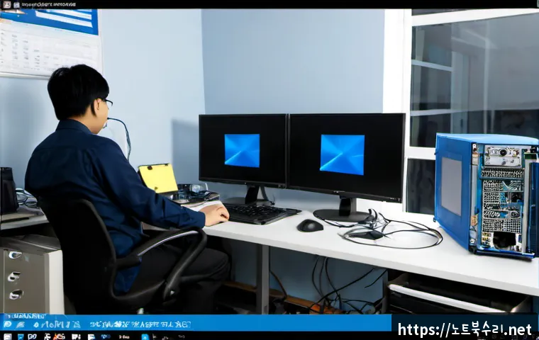 심곡동 BAD_POOL_CALLER - Photorealistic IT support workstation in a compact Simok-dong office, dual monitors showing a blank ...