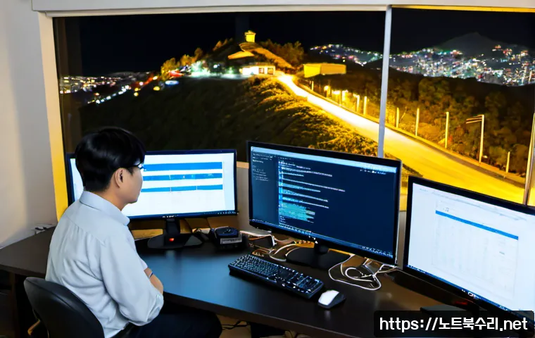 만안구 STATUS_MEMORY_OVERFLOW - Photorealistic remote-support workstation in a compact Manan-gu office, an IT specialist troubleshoo...