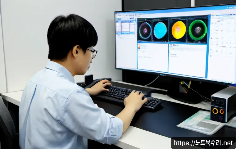 평동 STATUS_KERNEL_FILE_SYSTEM_ERROR - Photorealistic IT support workstation in a quiet Pyeongdong industrial office, dual monitors showing...