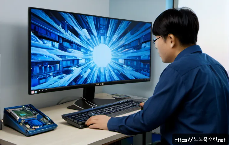구갈동 THREAD_STUCK_IN_DEVICE_DRIVER - Photorealistic Korean IT support workstation in Gugal-dong, dual monitors showing a frozen blue-tone...