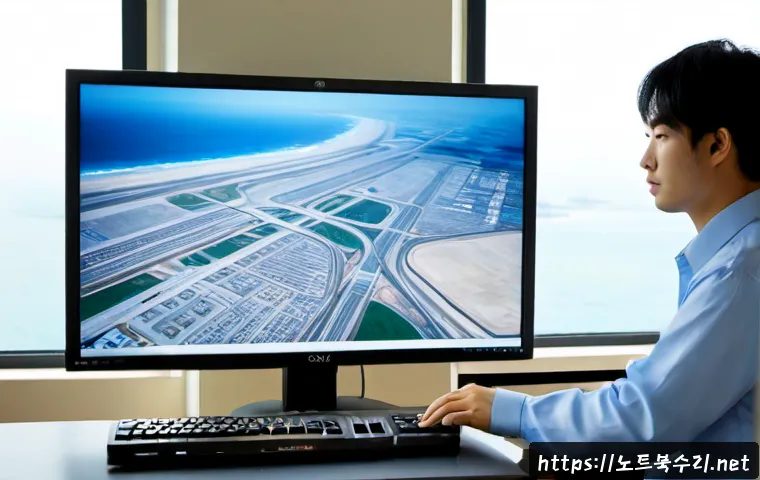 용유동 STATUS_IO_ERROR - Photorealistic coastal office workstation in Yongyu-dong, Incheon, a support engineer reviewing a co...
