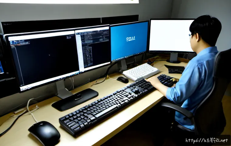 심곡동 STATUS_STACK_UNDERFLOW - Photorealistic remote IT support workstation in a compact Sim-gok-dong apartment office, dual monito...
