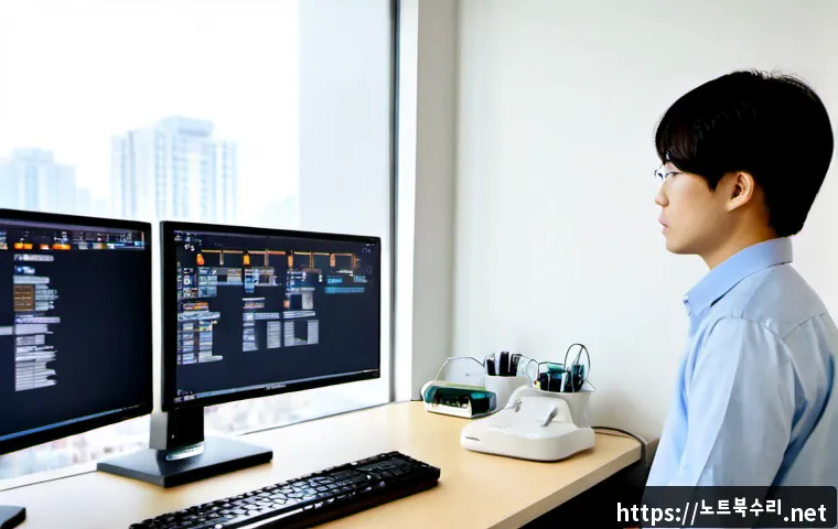 월피동 STATUS_NETWORK_ACCESS_DENIED - Photorealistic IT support workstation in a compact Wolpi-dong apartment office, dual monitors showin...