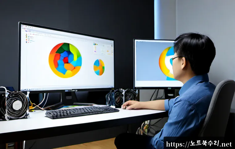 설문동 STATUS_DISK_CORRUPTION - Photorealistic product design workstation in a quiet Seolmun-dong studio office, dual monitors showi...