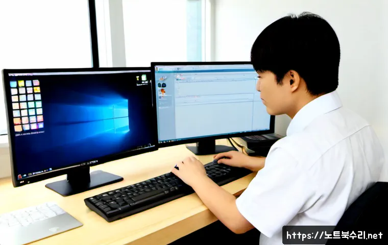 공릉동 STATUS_IMAGE_INVALID - Photorealistic remote-support workstation in a compact Gongneung-dong apartment office, dual monitor...