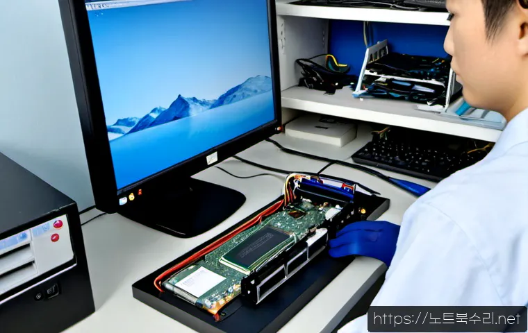 강화읍 KERNEL_DATA_INPAGE_ERROR - Photorealistic computer repair workstation in a quiet Ganghwa-eup office, desktop tower opened besid...