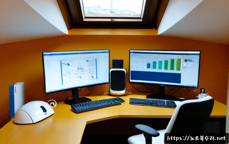 견지동 STATUS_IMAGE_NOT_FOUND - Photorealistic IT support workstation in a compact Gyeonji-dong office, dual monitors showing a clea...