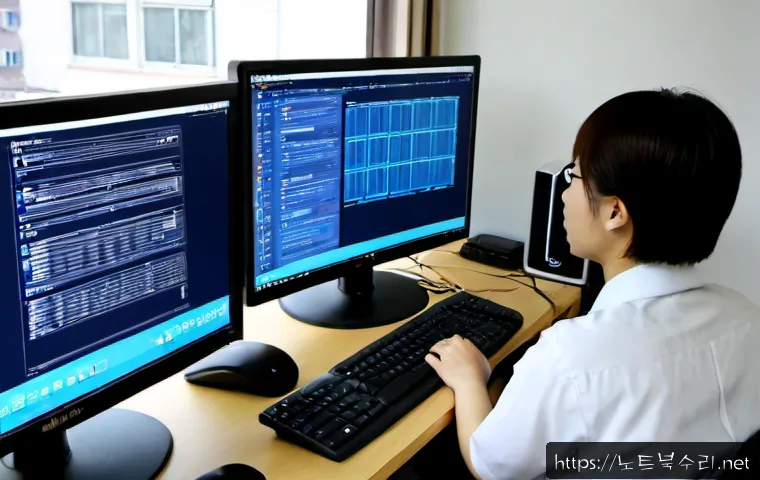 점봉동 STATUS_KERNEL_CONFIGURATION_ERROR - Photorealistic IT support workstation in a quiet Jeombong-dong office, dual monitors showing an abst...