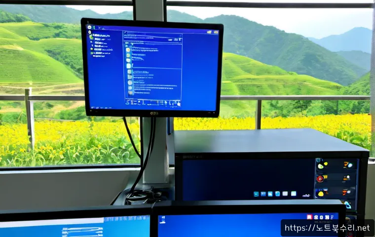 북내면 DPC_WATCHDOG_VIOLATION - Photorealistic IT support workstation in a quiet rural Korean county office, dual monitors showing a...