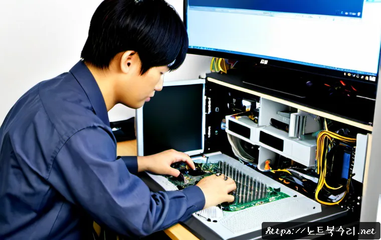 둔대동 메인보드조립 및 교체수리 - Photorealistic computer repair workstation in a compact Dundae-dong office, technician carefully ins...
