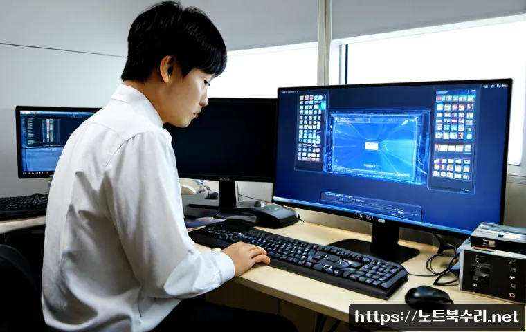 황계동 STATUS_KERNEL_STACK_CORRUPTION - Photorealistic IT support workstation in a compact Hwanggye-dong office, desktop monitor showing an ...