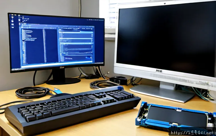 행신동 KERNEL_DATA_INPAGE_ERROR - Photorealistic IT support workstation in a compact apartment near a suburban rail district, dual mon...