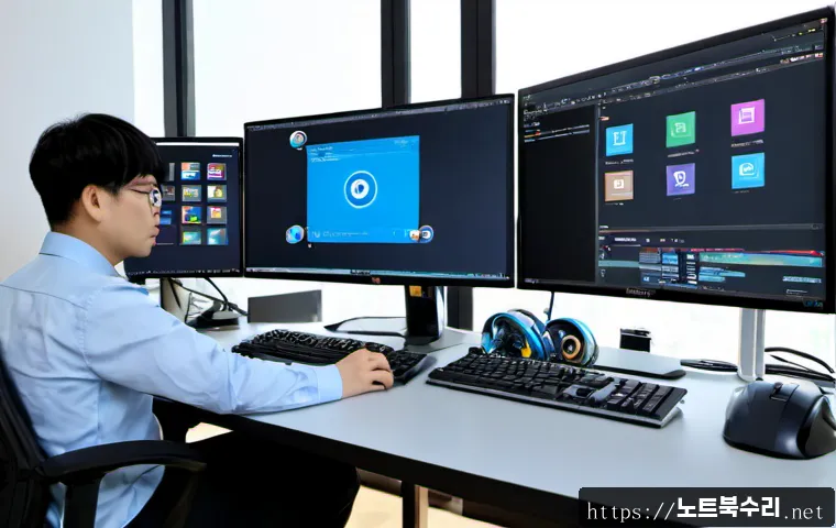 하상동 STATUS_INVALID_OBJECT - Photorealistic Korean office workstation in Hasang-dong, dual monitors showing a clean unbranded 3D ...