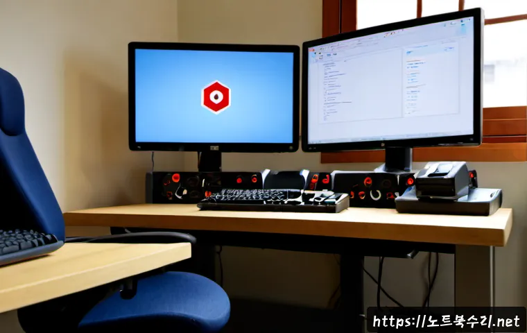 내가면 STATUS_KERNEL_MODULE_ACCESS_DENIED - Photorealistic remote-support workstation in a quiet Korean apartment office, dual monitors showing ...