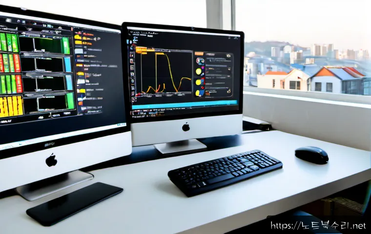 소사본동 STATUS_KERNEL_HANDLE_INVALID - Photorealistic IT support workstation in a compact Korean neighborhood office, dual monitors showing...
