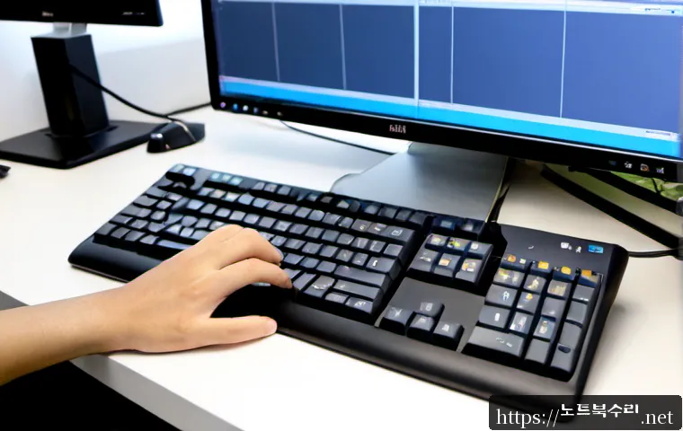돈의동 f4키 누르라고 할때 - Photorealistic compact computer repair workstation in a Donui-dong office building, technician press...