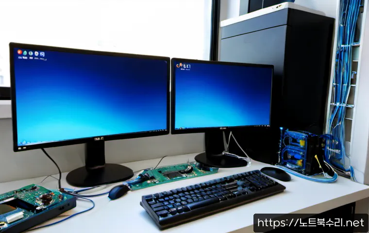 북수동 VIDEO_TDR_FAILURE - Photorealistic PC repair workstation in a compact Buksu-dong office, dual monitors showing abstract ...