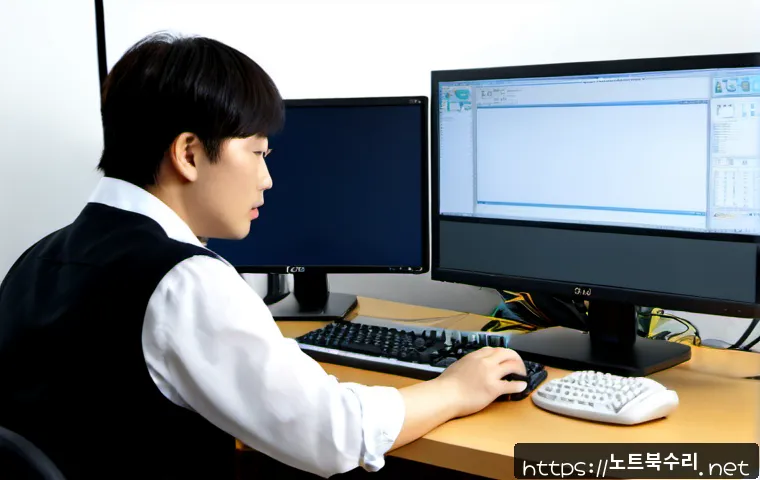 논곡동 STATUS_EXECUTION_TIMEOUT - Photorealistic remote-support workstation in a quiet suburban Korean district apartment office, dual...