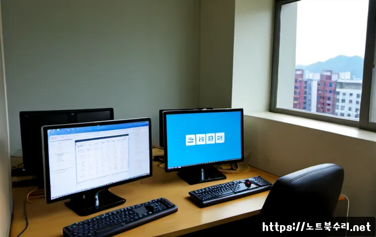오류동 STATUS_INVALID_SESSION - Photorealistic IT support workstation in an old mixed-use neighborhood office, dual monitors showing...
