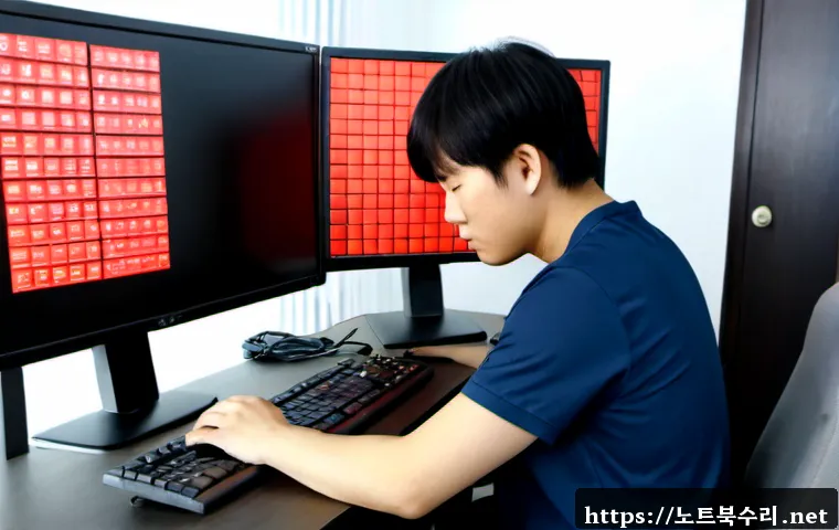 월피동 STATUS_NO_MEMORY - Photorealistic IT support workstation in a compact Korean apartment office, technician diagnosing a ...