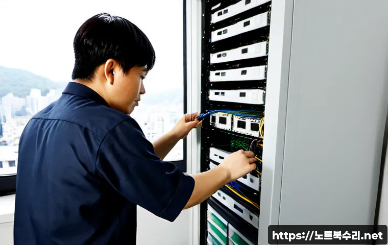 청암동 ftp서버출장방문수리점 - Photorealistic onsite FTP server repair in a compact Cheongam-dong office, technician replacing a ne...