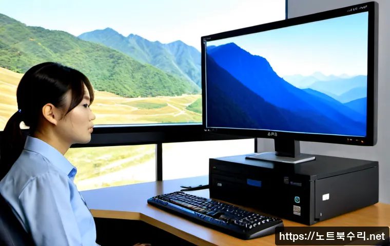 강북구 CDFS_FILE_SYSTEM - Photorealistic IT workstation in a Gangbuk-gu office near a softly blurred mountain-view window, sys...