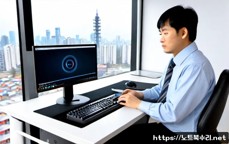 초이동 컴퓨터멈춤 - Photorealistic remote-support workstation in a compact Korean apartment office, desktop monitor froz...