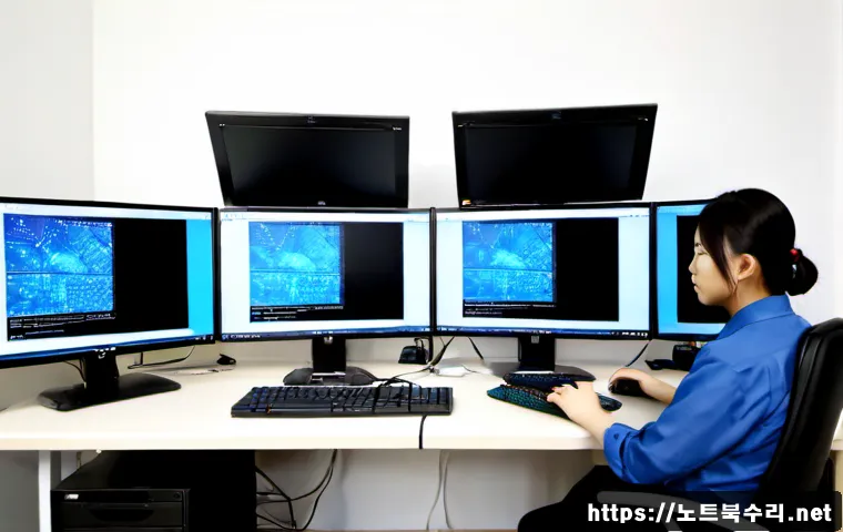 평택시 NTLDR is compressed - Photorealistic IT support workstation in Pyeongtaek Godeok business district, dual monitors showing ...
