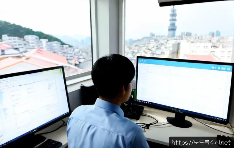 인수동 DRIVER_CORRUPTED_EXPOOL - Photorealistic IT support workstation in a compact Insub-dong office, dual monitors showing a clean ...
