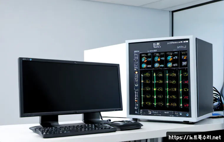 오산시 SOFTWARE_EXCEPTION - Photorealistic IT support workstation in a compact Korean office, dual monitors showing a clean unbr...