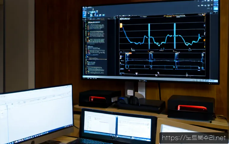 훈정동 STATUS_KERNEL_MEMORY_LEAK - Photorealistic IT support workstation in a compact Hunjung-dong office, dual monitors showing abstra...
