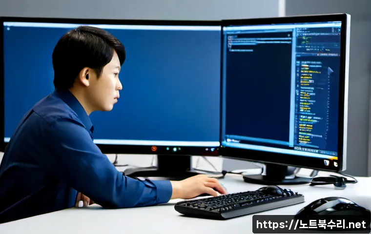 유방동 STATUS_ILLEGAL_INSTRUCTION - Photorealistic remote IT support workstation, dual monitors showing a clean abstract system warning ...
