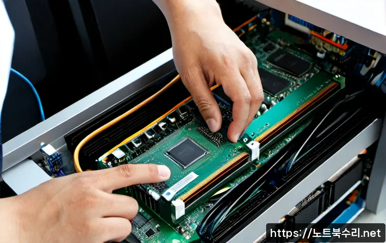 한강로 RAM조립 및 교체수리 - Photorealistic close-up of a skilled computer technician installing two RAM modules into a clean des...