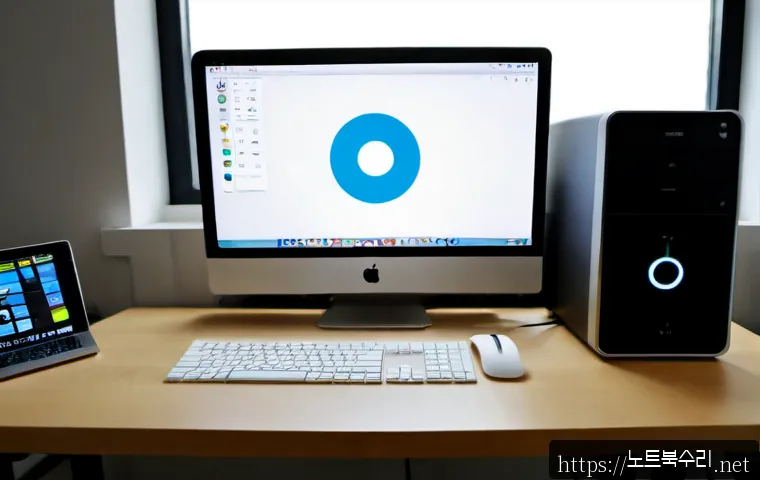 신설동 macosX재설치 포맷  초기화 - Photorealistic Mac-style all-in-one workstation in a quiet Sinseol-dong apartment office, recovery s...